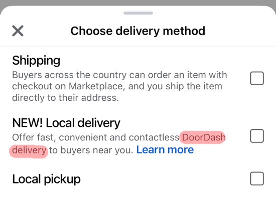 Facebook marketplace page with DoorDash as an option for local delivery