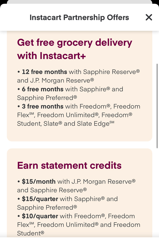 List of chase benefits with instacart: free months of Instacart plus