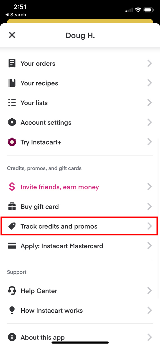 Instagram app menu with 'track credits and promos' circled