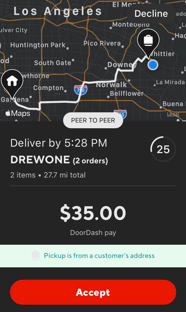 DoorDash peer to peer order for $35 over 27 miles