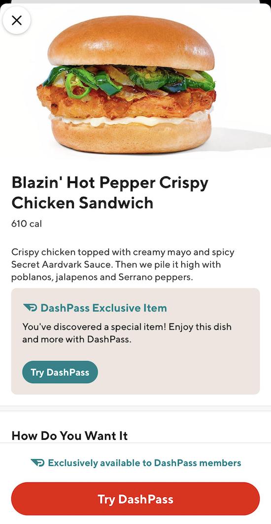 page in the doordash app for a spicy chicken sandwich that is only available to doordash dashpass members