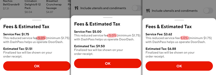 three orders using DashPass where the service fee is 5%