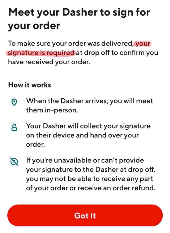 screen in the DoorDash app that says "meet your dasher to sign for your order"