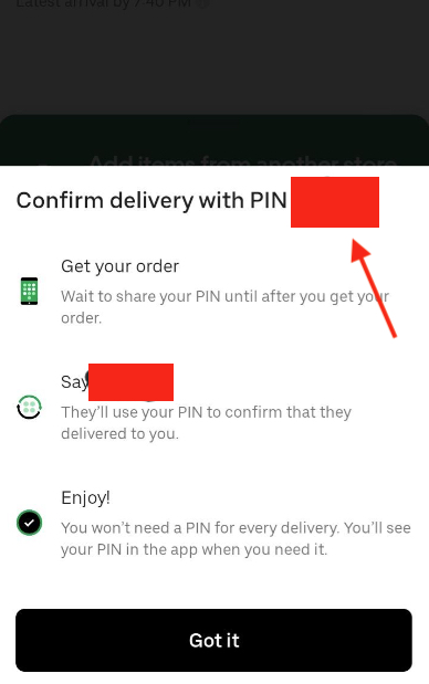 an uber eats order confirmation with instructions to share a pin with the driver