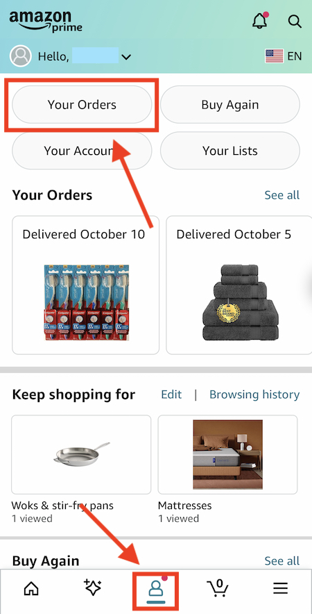 steps in the amazon app to find the otp code. tap on Your orders