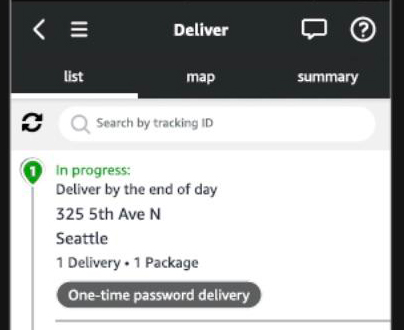 Amazon Flex delivery itinerary screen. The delivery info has a label that says 'one-time password delivery'