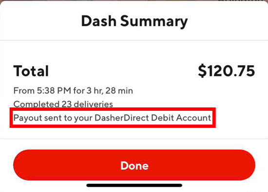 dash summary screen showing $120 in earnings sent to DasherDirect