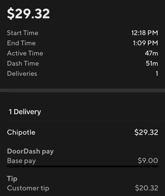 Doordash catering order with a $29 payout