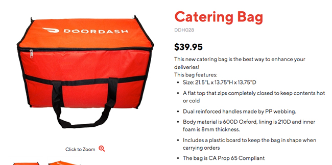 The checkout page for the DoorDash catering bag. Price is $39.95