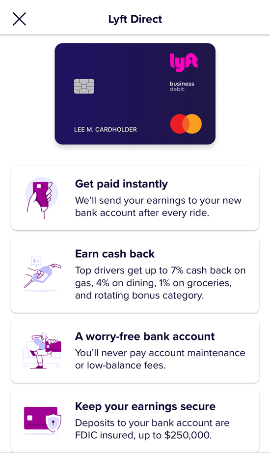 List of Lyft Direct account features: instant pay, cash back