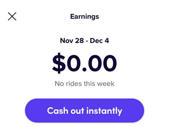 Lyft express pay screen with a button that says 'cash out instantly'