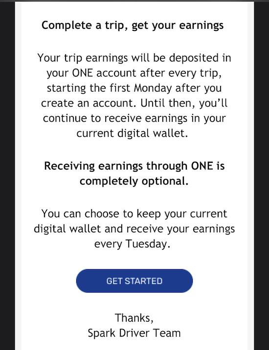 a page explaining the one account on spark. trip earnings are deposited to the account after each trip