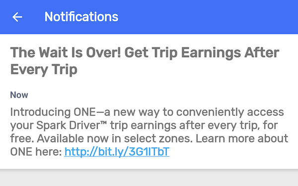 a message from spark that says 'get trip earnings after each trip with the one wallet'