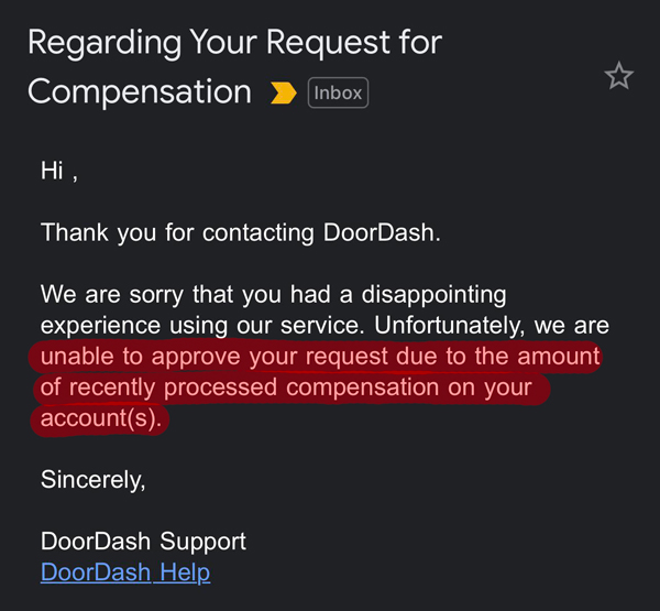 An email from DoorDash letting a customer know that they can't get a refund due to other recent refund requests
