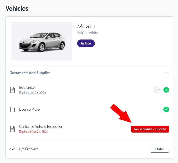 A page at lyft.com showing a driver's car and a button to schedule an inspection