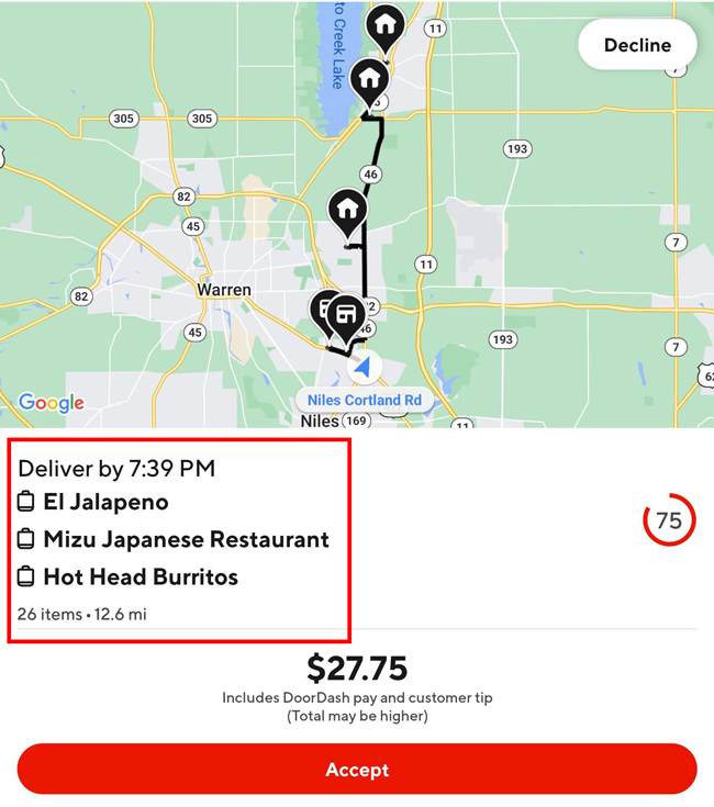 A doordash order request with 3 restaurants and 3 customer drop-offs