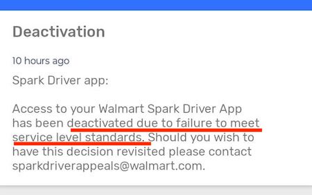 deactivation notice from spark that says a shopper failed to meet service level standards