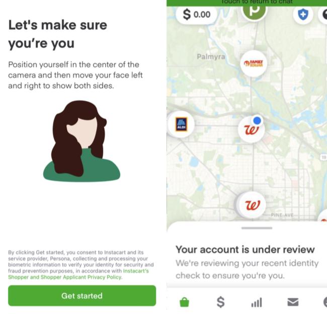 side by side images from the instacart app. one says to take a selfie, the other says the selfie is under review