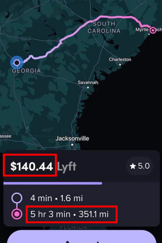 A lyft ride offer for $140 to drive 351 miles