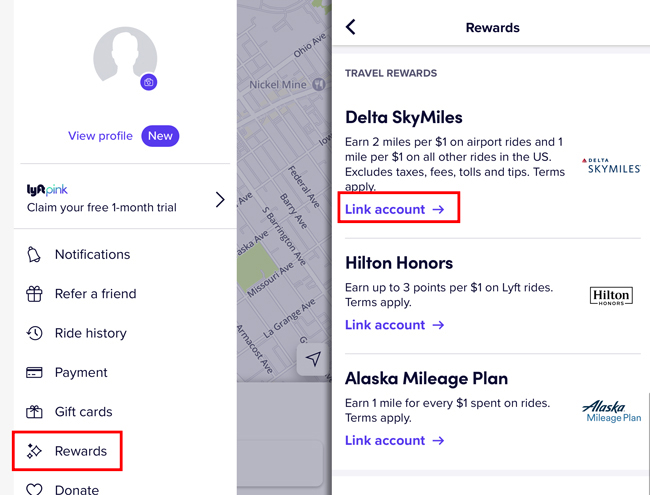 Steps in the Lyft app to link a travel rewards account