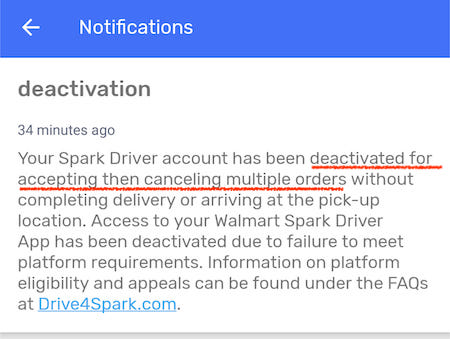 a notice to a spark driver saying they were deactivated due to cancelling orders