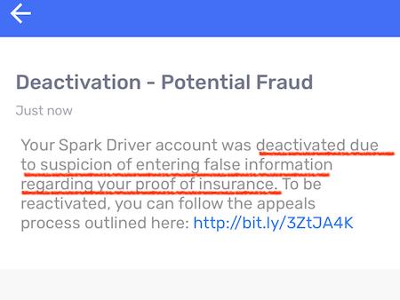 a message from spark about a deactivation due to suspected fraud on insurance documents