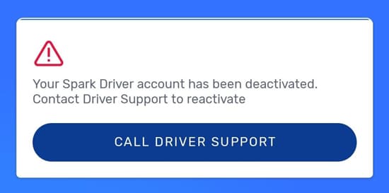 in-app notification in spark letting a driver know that their account is deactivated
