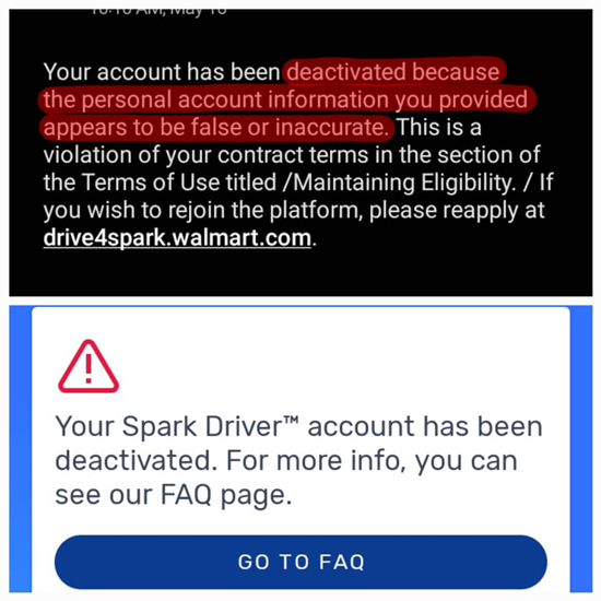 A deactivation notice for a spark driver that says the driver's info was false or inaccurate
