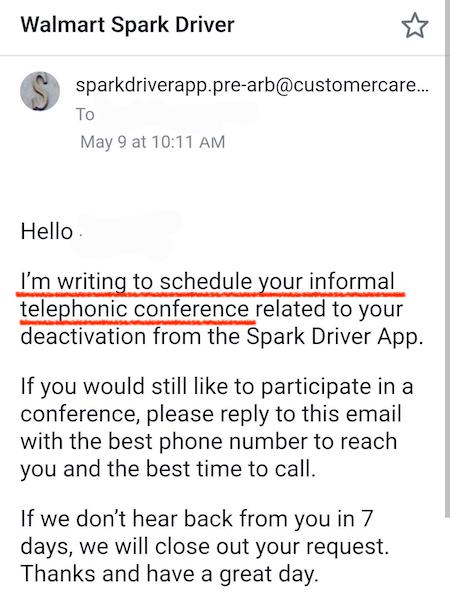 an email from spark scheduling a pre arbitration phone conference