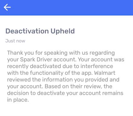 a message from spark that says 'deactivation upheld'