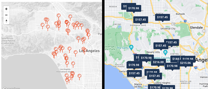 Side by side map of car advise and openbay in the los angeles area. Both have lots of options