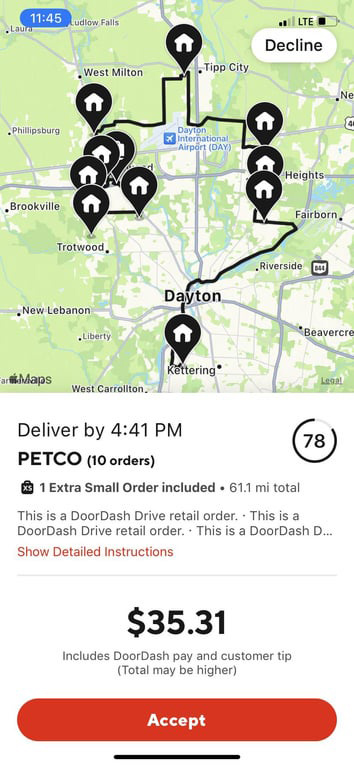 A petco order on door dash for $35 to do 10 deliveries