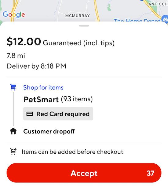 a petco order on doordash that pays $12