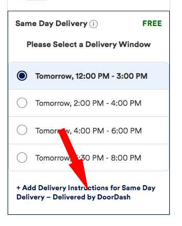 Same day delivery options on Petco listing DoorDash as the delivery service
