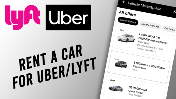Lyft and Uber logos with text below that says "rent a car for Uber and Lyft"