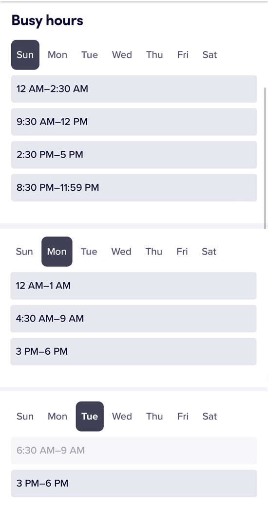List of busy hours on Lyft for Sunday, Monday, and Tuesday
