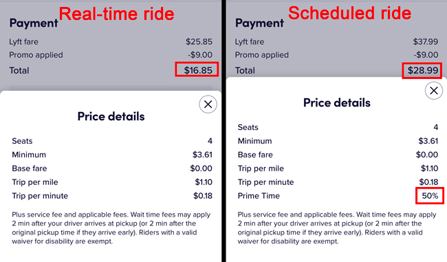 Two trips side by side. The scheduled trip is more expensive than the real-time trip