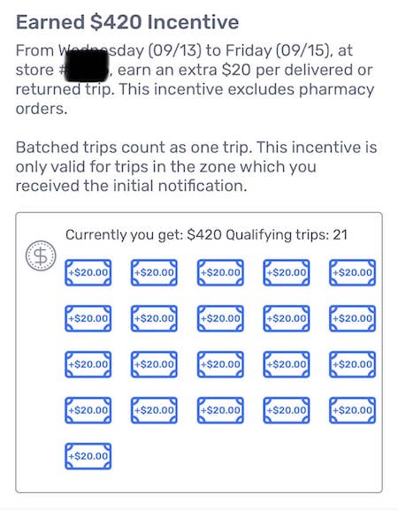 spark incentive screen where a driver earned $420 total from $20 bonuses.