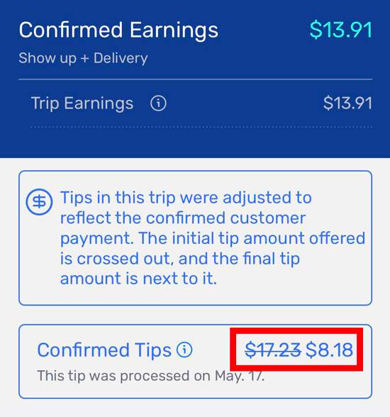 A spark earnings statement with a tip reduced from $17 to $8