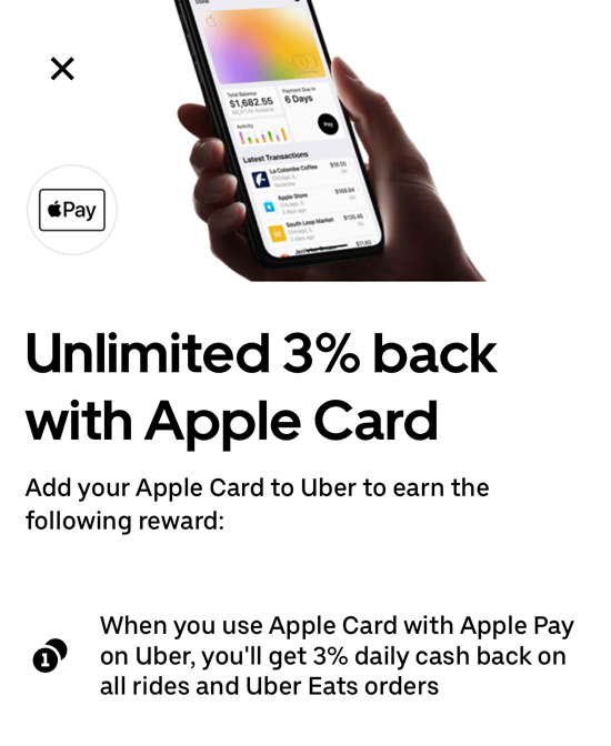Uber app page that says "unlimited 3% back with Apple Card"