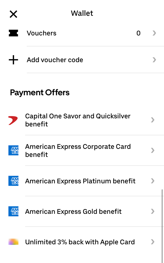 A list of payment offers in the uber app including Capitol One and American Express cards