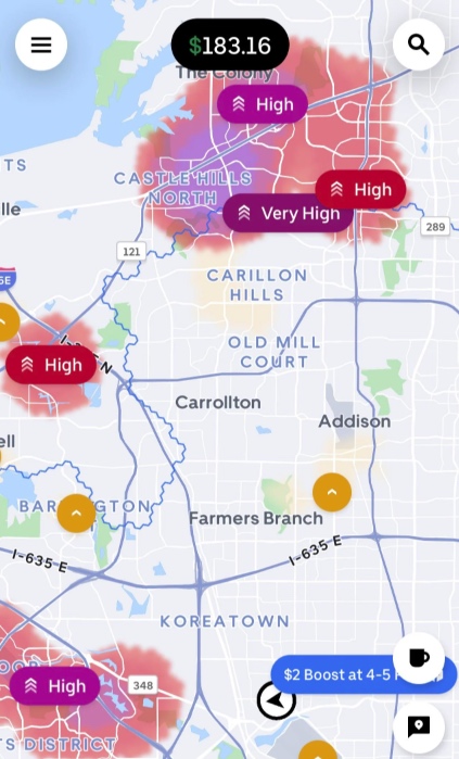 an uber surge map with labels that say 'high' and 'very high' but no dollar amounts are visible