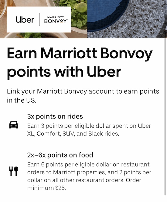 page in the uber app advertising the benefits of linking uber with Marriott bonvoy. 3x points on rides, 2-6x points on deliveries