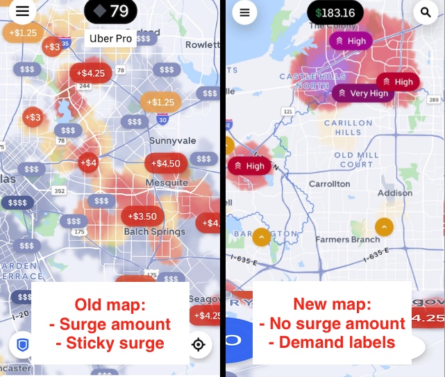 side by side screenshots of a surge map with dollar amounts and one without