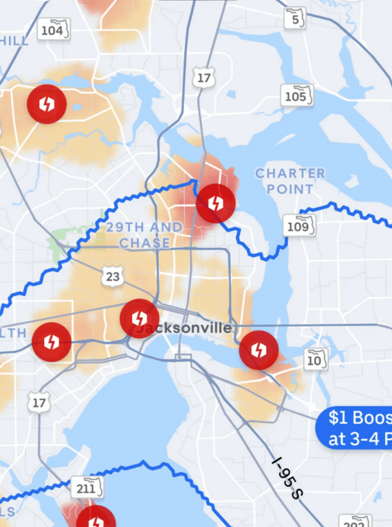 Map in the uber driver app showing surge price icons but no exact $ amount