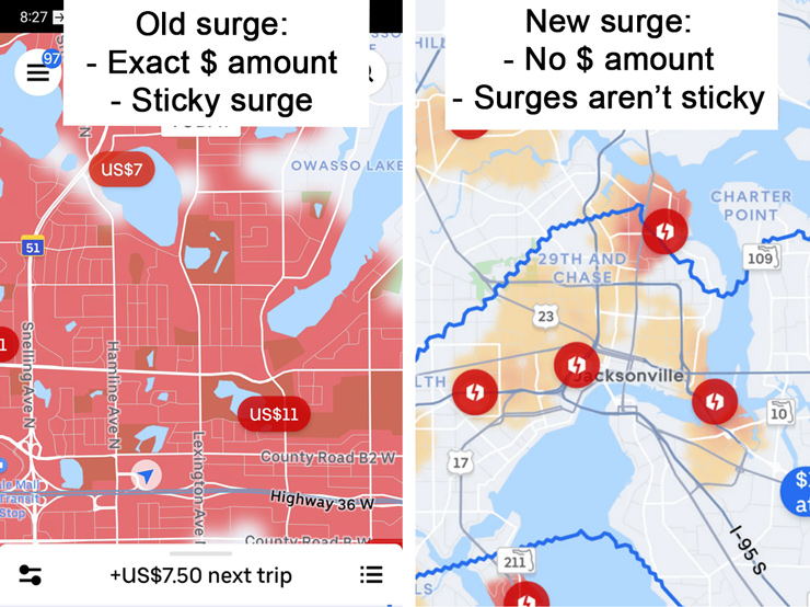 side by side comparison of two surge pricing maps for uber drivers. old map has $ amounts, new map does not