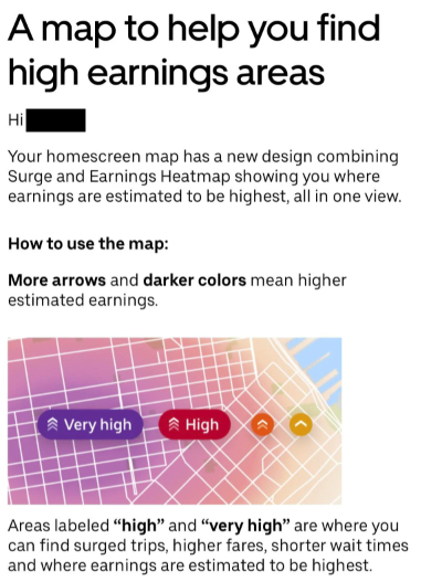 an announcement from uber that says 'a map to help you find high earnings areas'