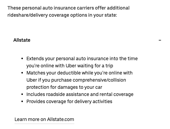 Bullet point list about the features of rideshare auto insurance