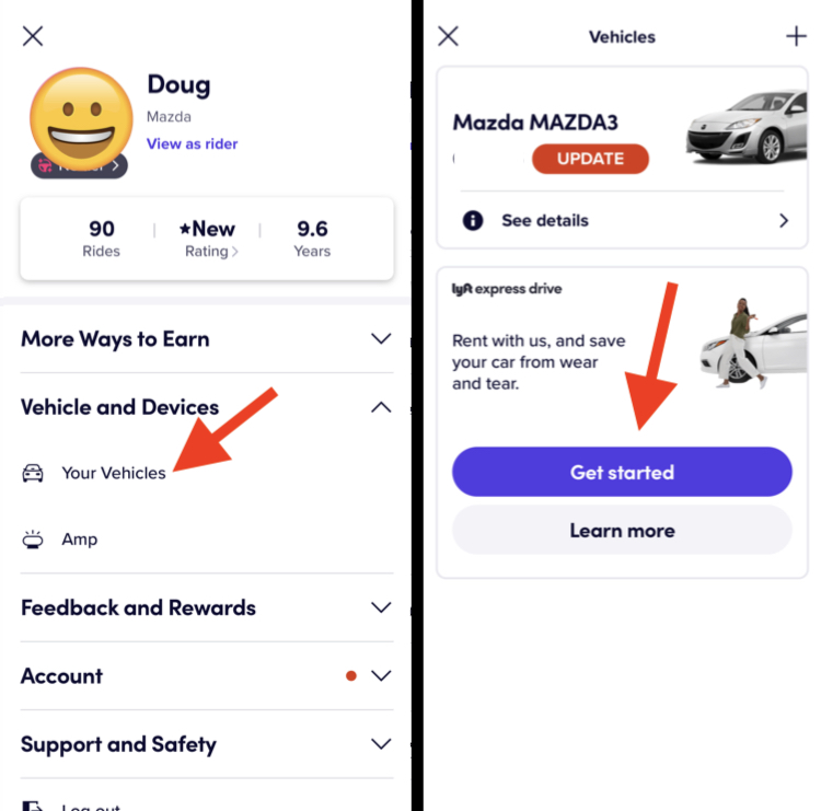 side by side image from the lyft driver app with steps to find express drive rentals