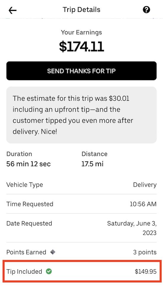 A $150 tip for an uber eats driver